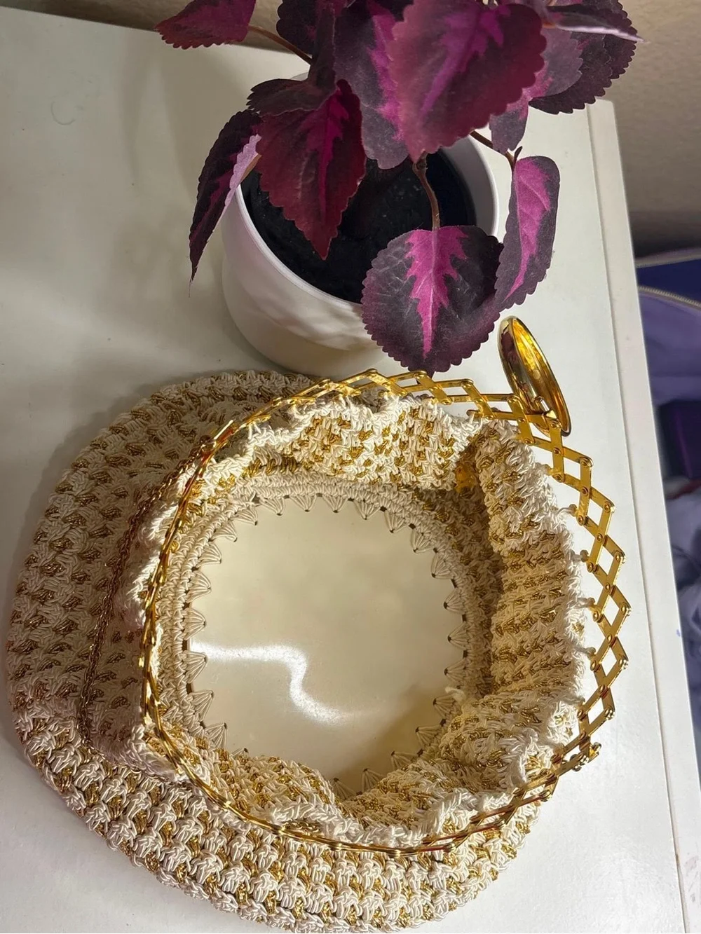 Vintage Made in Germany Gold White Cord Cage Top Handle Evening Bag